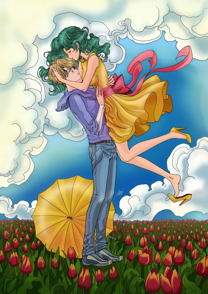 Haruka Tenoh and Michiru Kaioh on the field of wild tulips.